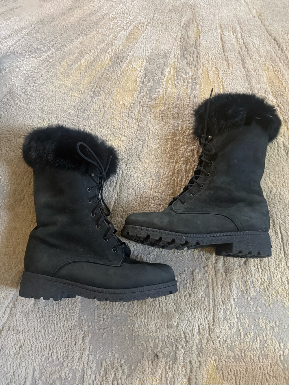 Vintage Sorel winter black leather  boots fur trim lace up 7.5